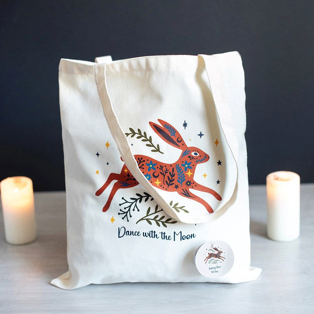 Something Different Schultertasche Dance with the Moon – Vintage Hasen Stofftasche Umhängetasche, Canvas-Tasche mit Vintage-Hasenmotiv und Mond-Design