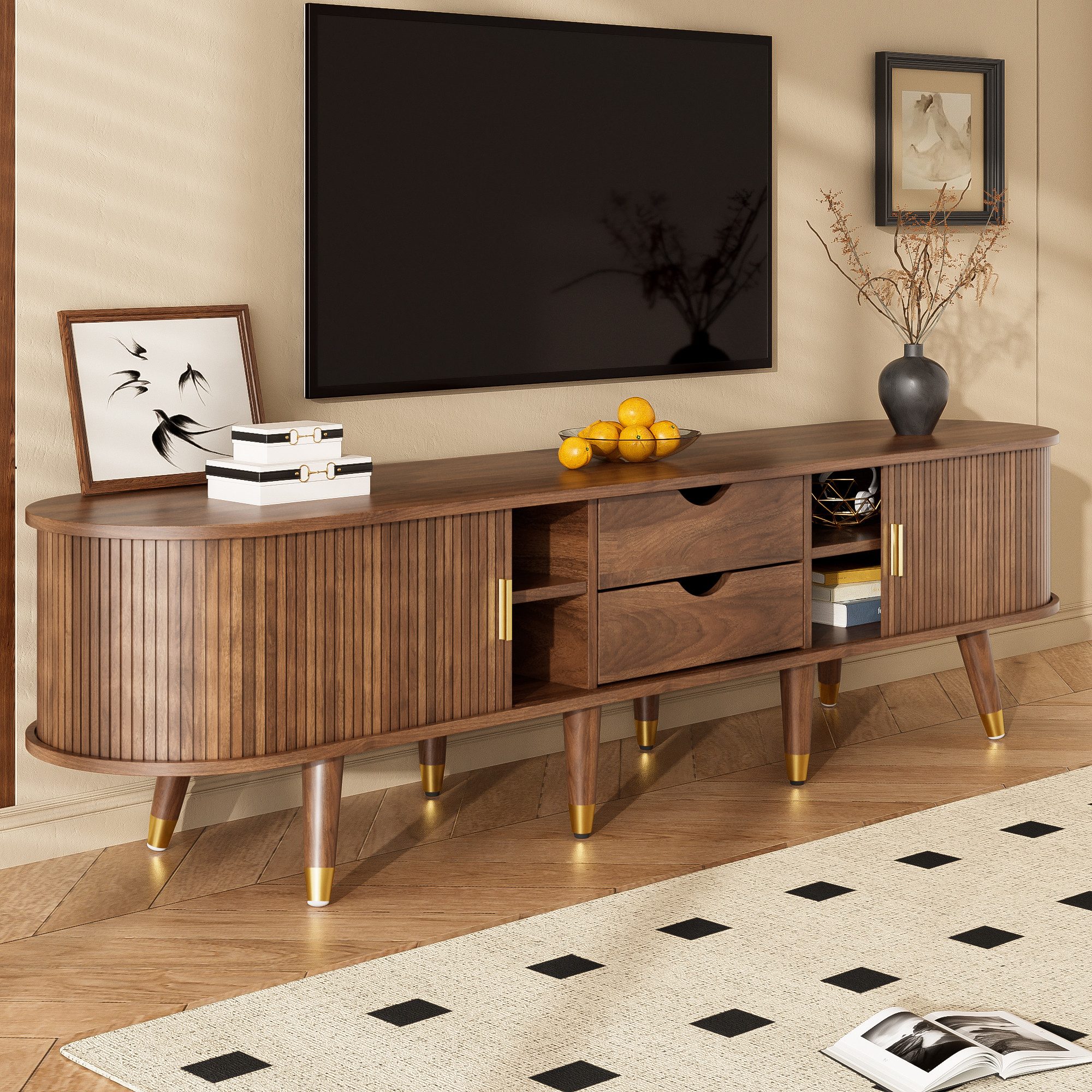 OKWISH Lowboard mit Rattan-Schiebetür (Fernsehtisch, Wohnzimmermöbel, Ferns günstig online kaufen