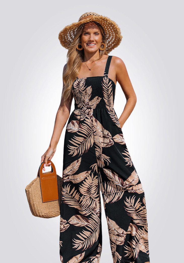 Cupshe Jumpsuit Jumpsuit Palmenprint Smocked Oberteil Weites Bein