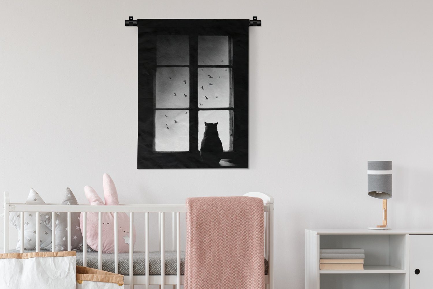 MuchoWow Wohnzimmer, Katze Schlafzimmer Fenster, weiß an Wanddekoobjekt - Deko Schwarz - - Tapisserie, für Wand, Tiere und der