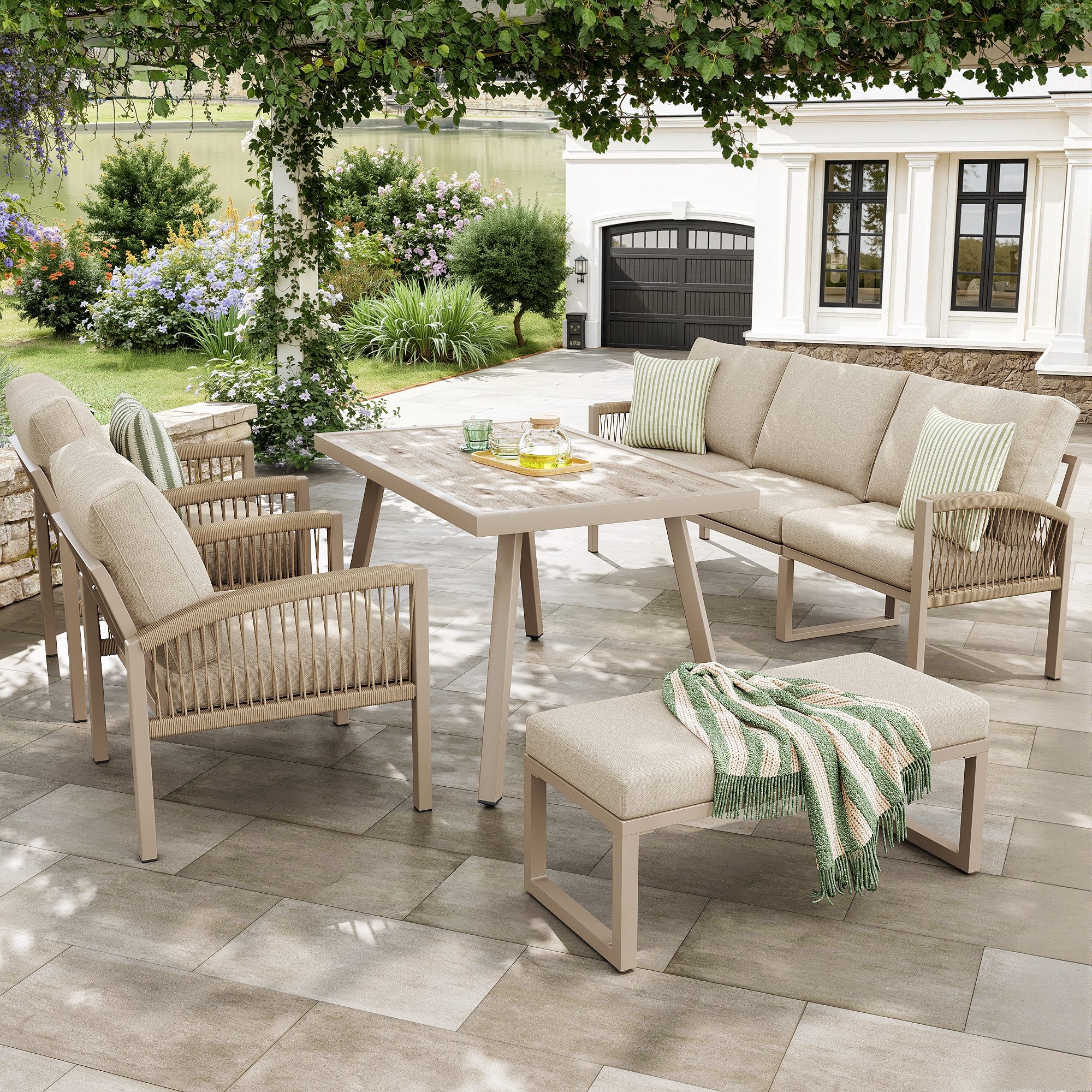 MC Star Gartenlounge-Set Handgeflochtenes Gartensofa für 7 Personen mit Armlehnen / Robustes, (Eisengestell und beige Polster / Komplett mit Tisch (Holzoptik Glas) & 2 Sesseln / Wetterfeste Terrassen-Garnitur)