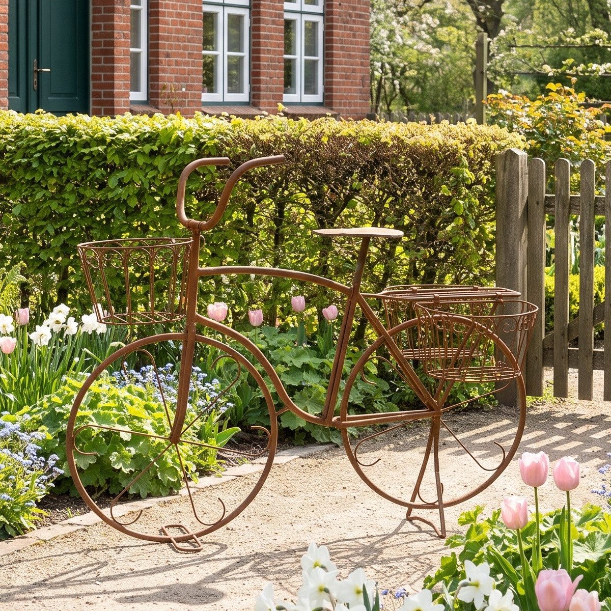 Antikas Gartenpflege-Set Hochwertiges Blumenfahrrad aus Metall mit Naturrost-Finish, H.91 cm