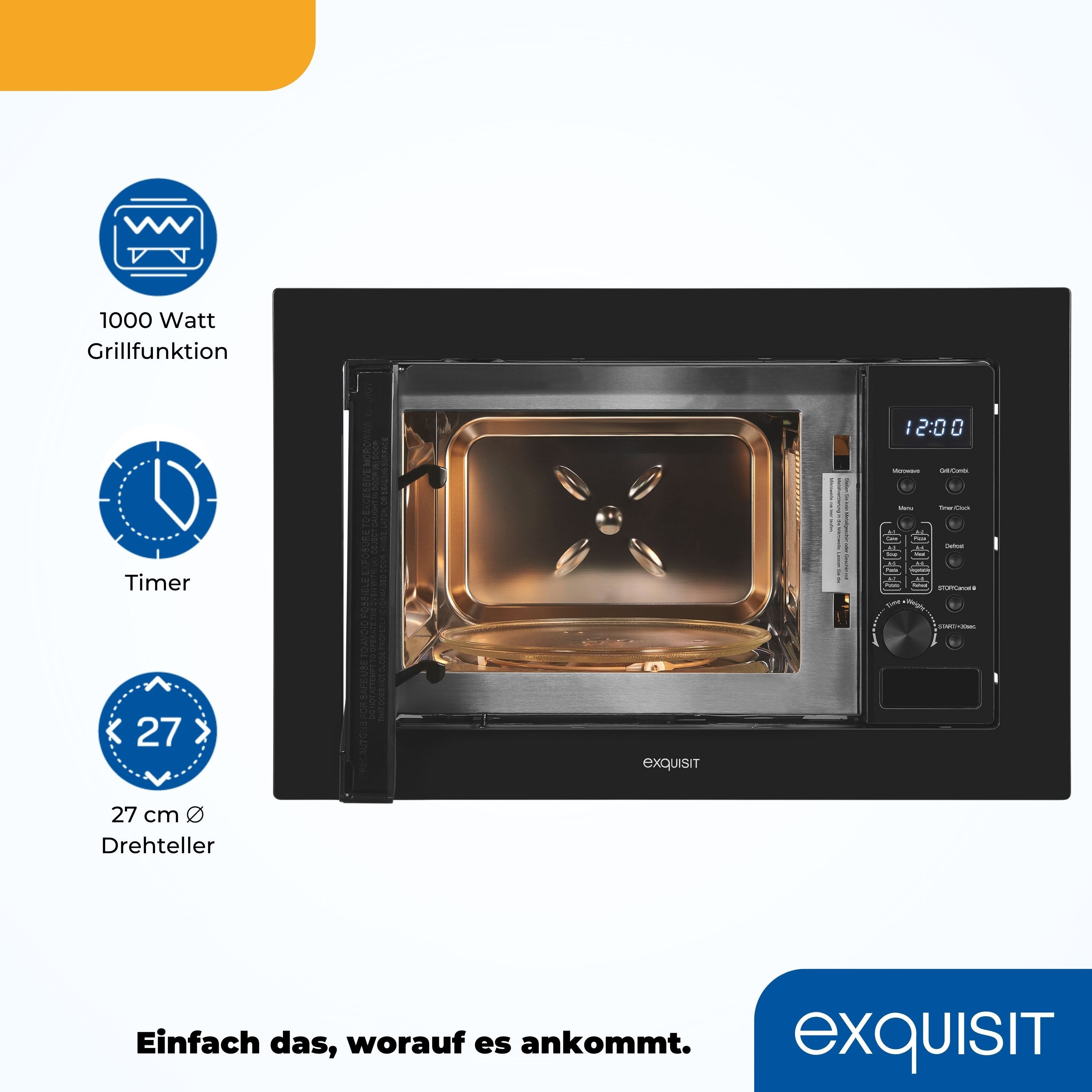 exquisit Einbau-Mikrowelle EMW20-DG-020, Grill, Mikrowelle, 20 l, 7 Automatikprogramme für Kuchen,Pizza,Suppe,Pasta,Gemüse,Kartoffeln – Bild 5 von 5