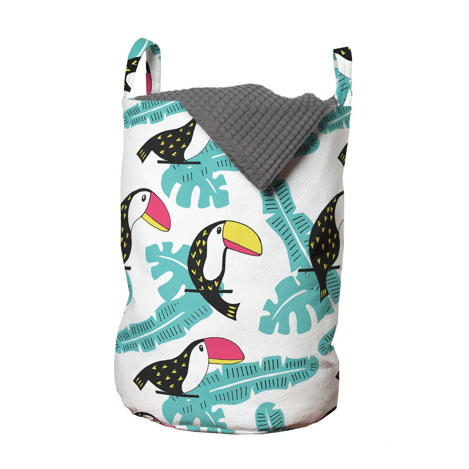Abakuhaus Wäschesäckchen Wäschekorb mit Griffen Kordelzugverschluss für Waschsalons, Tukan Tropischer Vogel auf Blätter Kunst
