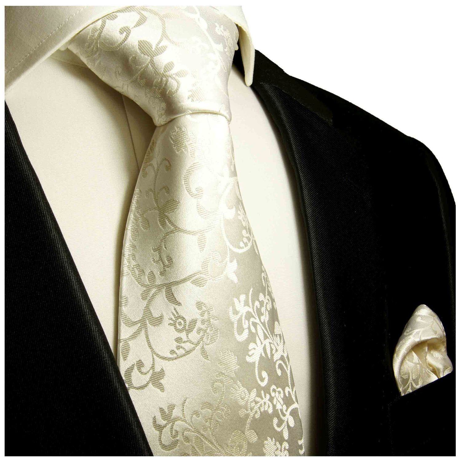 930 Seide 100% Paul Tuch Breit mit mit 2-St., (Set, Malone Einstecktuch) Hochzeit Hochzeitskrawatte ivory (8cm), floral Krawatte Bräutigam Krawatte