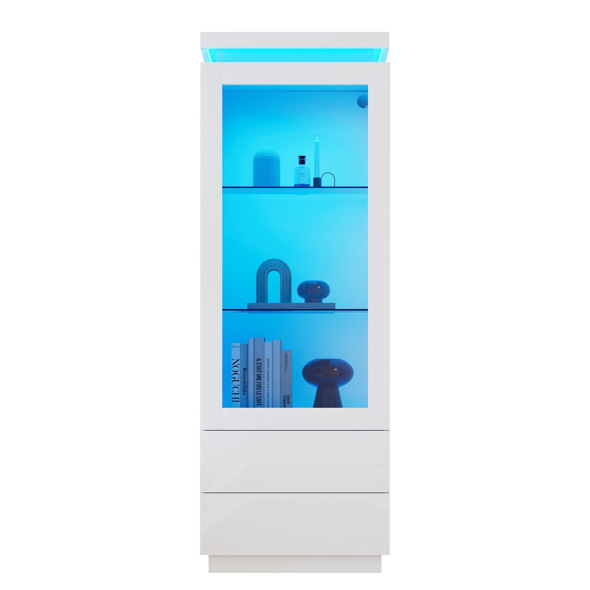 Merax Standvitrine Hochglanz Hochschrank schmal Wohnzimmerschrank mit LED-Beleuchtung (1-St) Vitrine mit Acryl-Glastür, Glasablagen & 2 Schubladen, 60×40×171cm