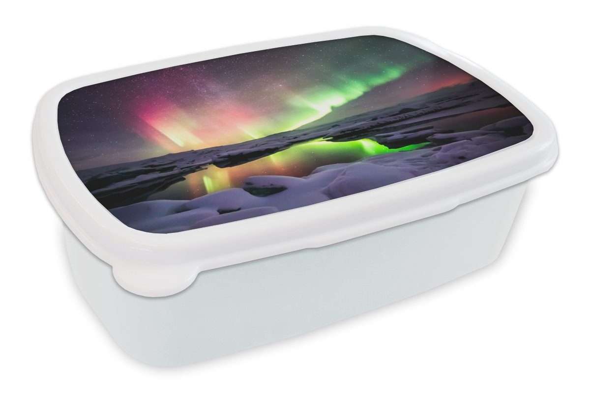 MuchoWow Lunchbox Nordlichter - Schnee - Island, Kunststoff, (2-tlg), Brotbox für Kinder und Erwachsene, Brotdose, für Jungs und Mädchen weiß