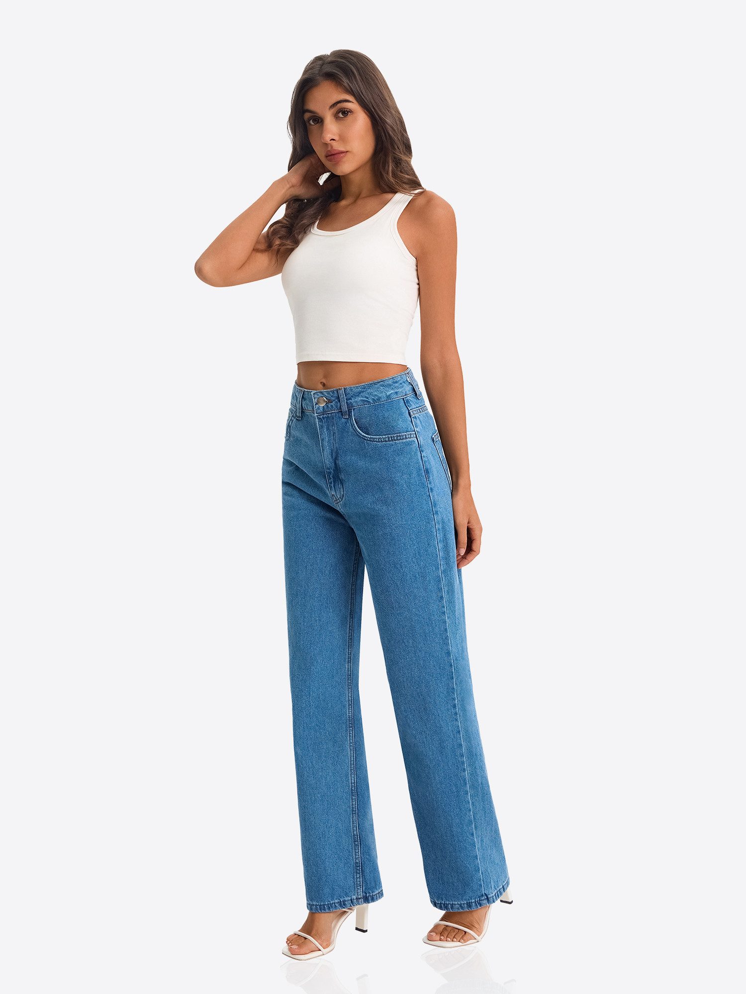 Imily Bela Gerade Jeans Damen High-Waist ausgestellt Jeans aus Baumwolle Denim (Packung, 1-tlg., 1per-Pack) 4-Pocket Style in Unifarbe