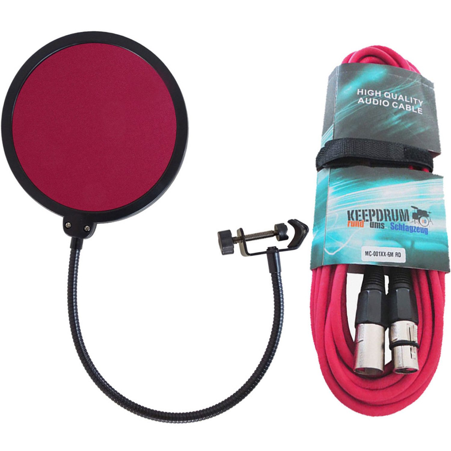 keepdrum Mikrofon keepdrum EMH019RD Popschutz Rot mit Mikrofonkabel Rot (Vorteils-Set), Doppelter Nylonschirm