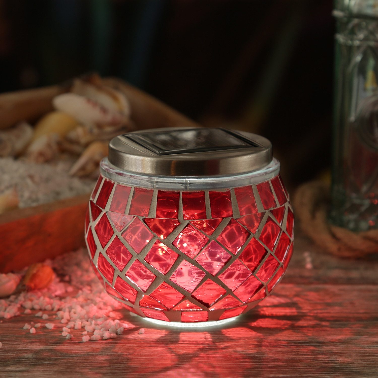 MARELIDA LED Solarleuchte Solar Windlicht Mosaik Glas Solarglas Mosaikleuchte für Balkon rot, LED Classic, kaltweiss (5300K bis 6000K)