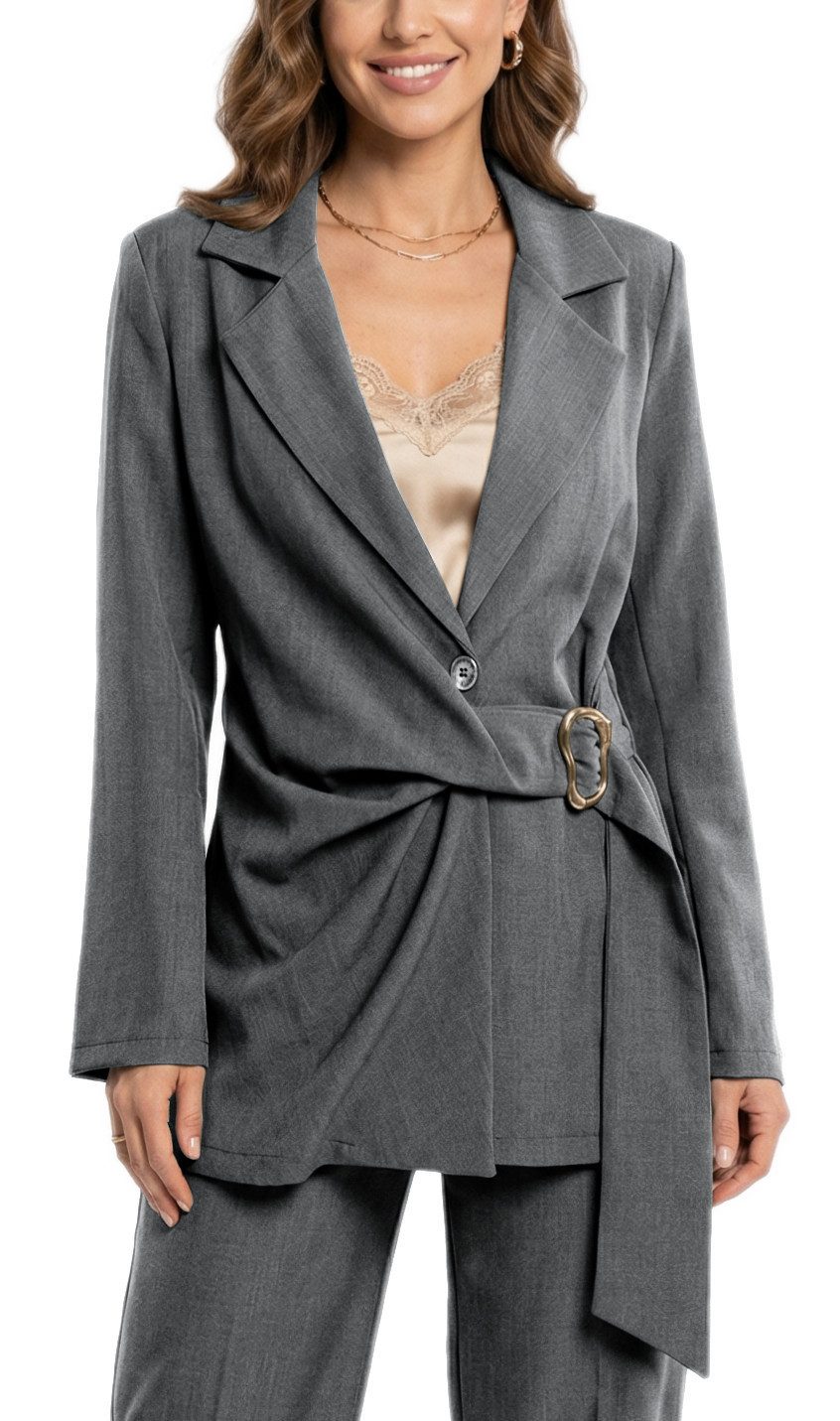 dy_mode Longblazer Damen Longblazer in Wickeloptik Taillierter Business Blazer in Unifarbe, Tailliert in Wickeloptik