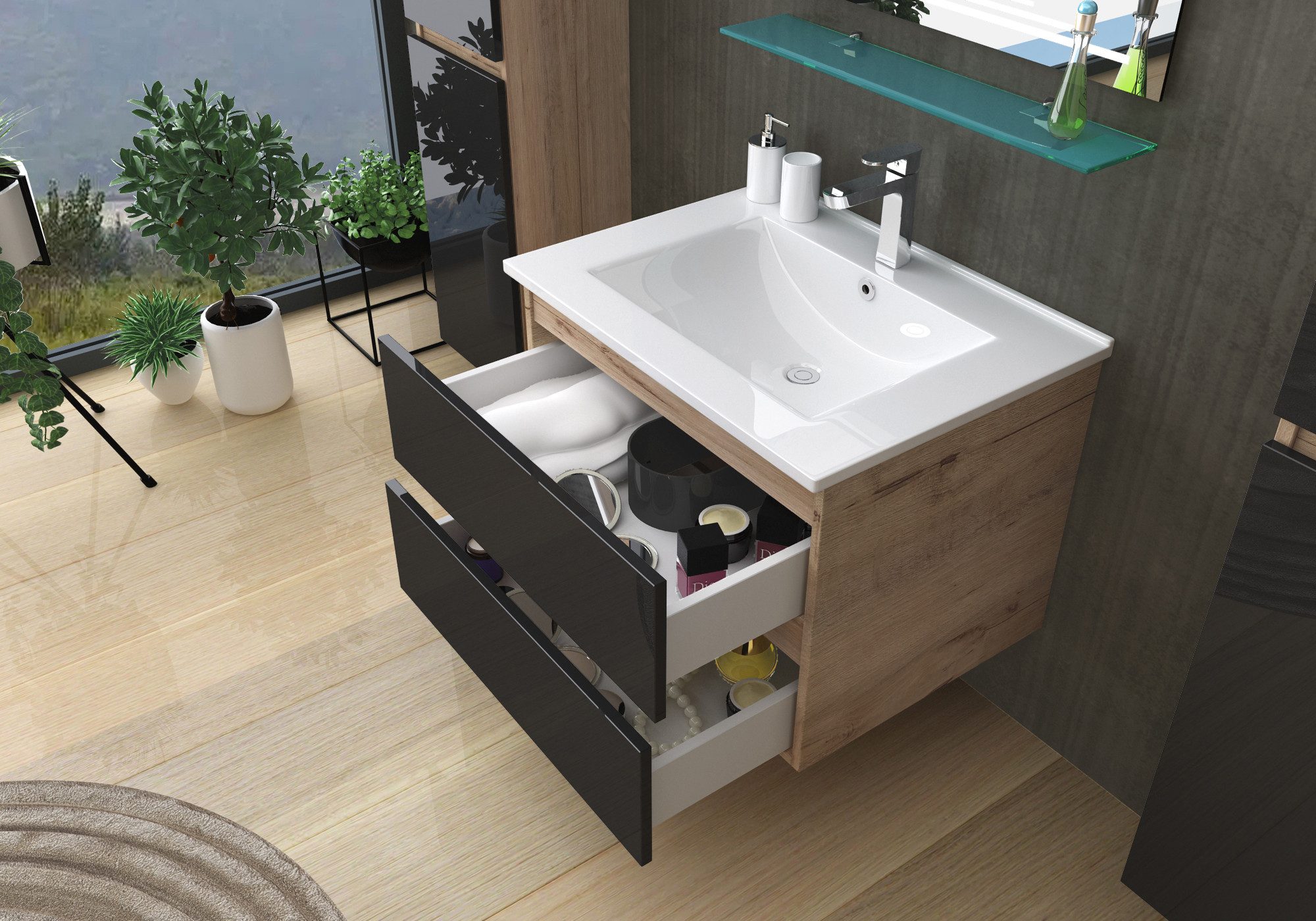 Homeline Badmöbel-Set Kaiser badmöbel, Set Eiche/Schwarz mit Kosmetik Spiegel, (6-St., Bis 6 teilig), Hochglanz