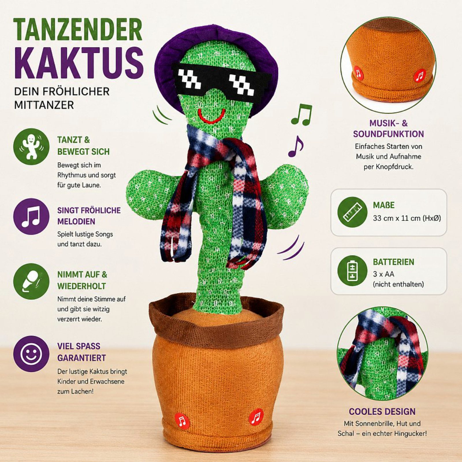 Haushalt International Im- und Export GmbH Dekofigur Sprechender Kaktus Spielfigur Spielzeug Lila Hut (Stück, 1 St., Packung), 33x11cm, Tanzend, Singend, Sprech – Bild 2 von 5