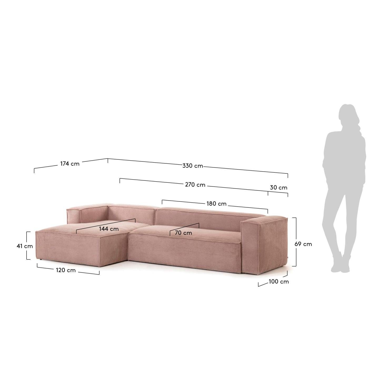 Natur24 rosa links Sofa Blok mit 3-Sitzer Longchair 330cm Kord Sofa Couch