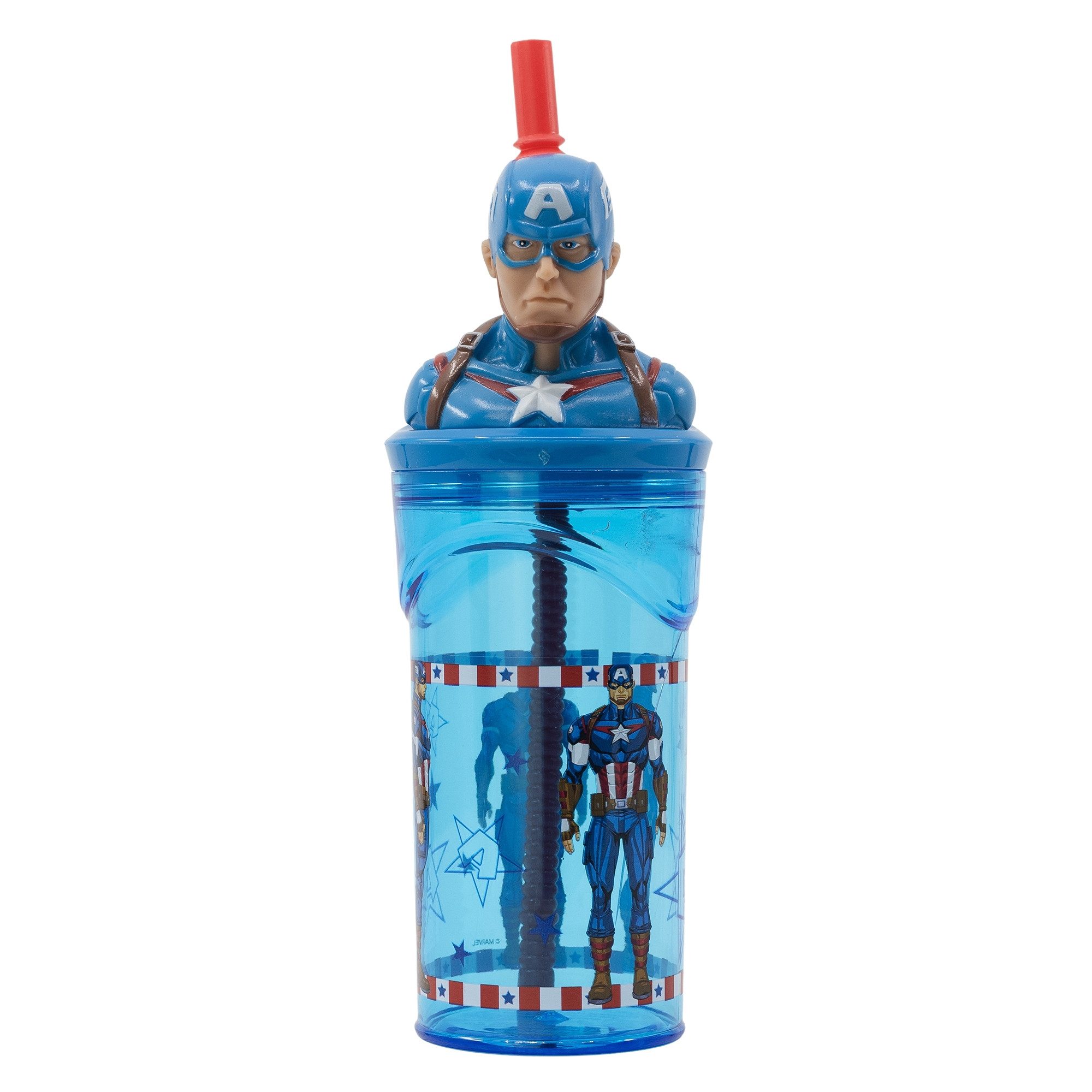 MARVEL Kinderbecher Captain America 3D Deckel Kinder Trinkbecher mit integriertem Halm, 360 ml