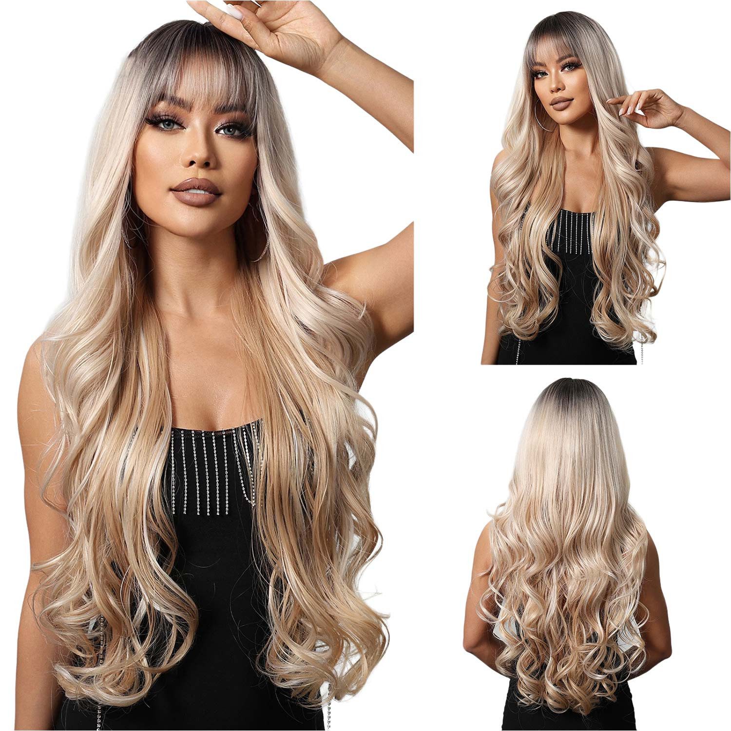 Refttenw Kunsthaarperücke Synthetikhaar 75cm Lange Gewellte Perücken mit Pony für Frauen, Ombre Blond mit Braun Große Gewellte Perücken