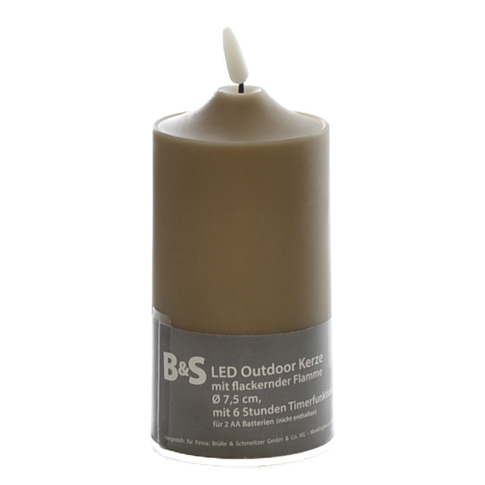 B&S LED-Kerze LED Kunststoffkerze Outdoor taupe 15 x Ø 7,5 cm Flackerflamme & Timer