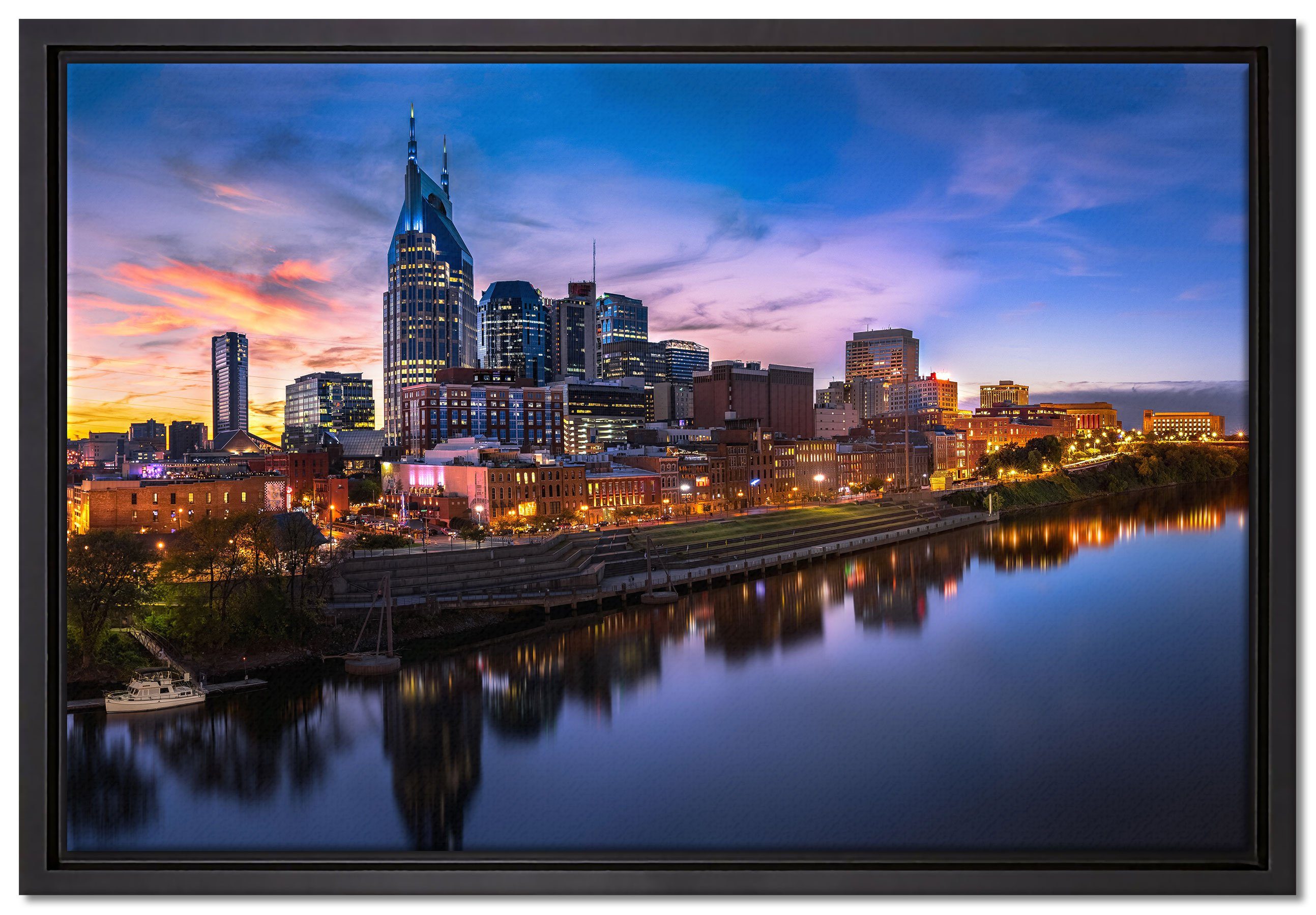 Pixxprint Leinwandbild Nashville Skyline Panorama, Wanddekoration (1 St), Leinwandbild fertig bespannt, in einem Schattenfugen-Bilderrahmen gefasst, inkl. Zackenaufhänger