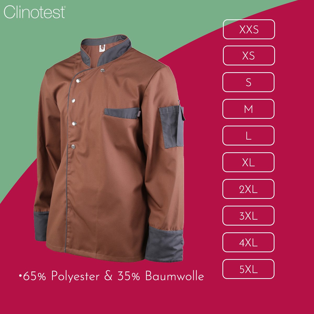 Clinotest Kochjacke langarm - 95 Grad waschbare, kochfeste Kochjacken ohne Einlaufen (1-St) Kochhemd aus 65% Polyester, 35% Baumwolle, mit Druckknopfverschluss