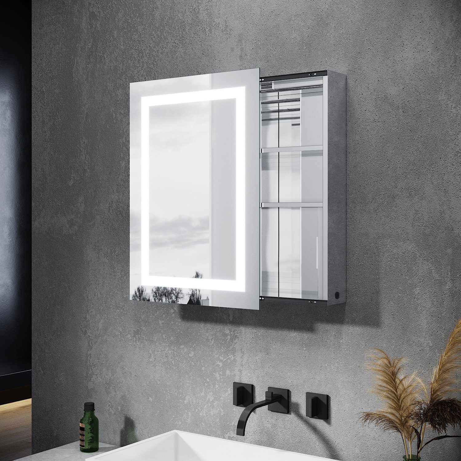 SONNI Spiegelschrank mit 70 cm mit Steckdose 50 Hängeschrank x Beleuchtung Schiebetür Badezimmer Kippschalter und Licht Schutzklasse IP44 Bad LED