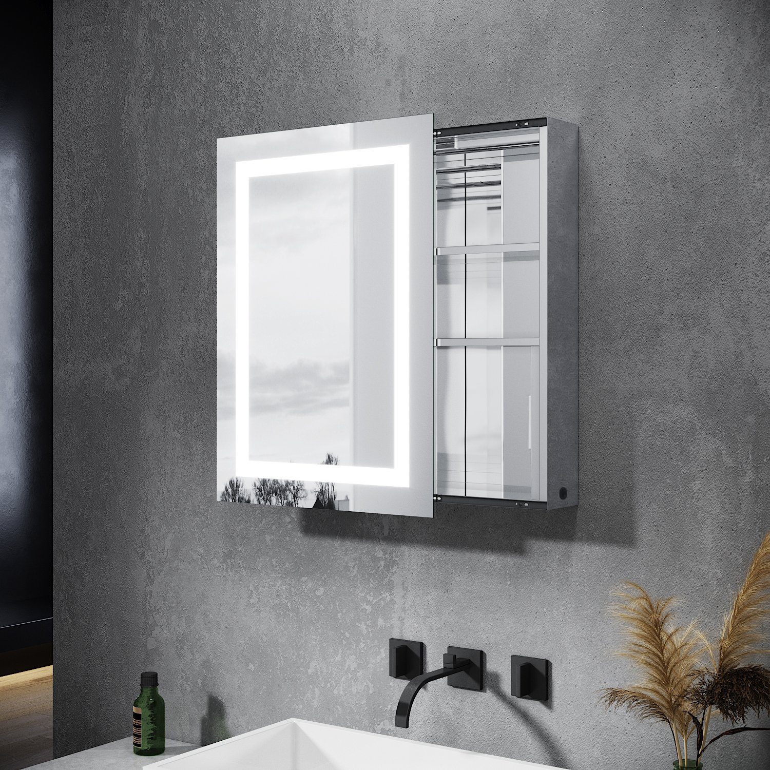 SONNI Spiegelschrank mit Beleuchtung 50 x 70 cm Schiebetür LED Licht Badezimmer Bad Hängeschrank mit Steckdose und Kippschalter Schutzklasse IP44