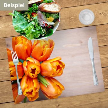 Platzset, Tischset Frühling, Ostern & Blumen - Orange Tulpen auf Holztisch, Tischsetmacher, (aus Naturpapier in Aufbewahrungsmappe für tolles Ambiente, 12-St., 44 x 32 cm / orange), Tischdeko Made in Germany
