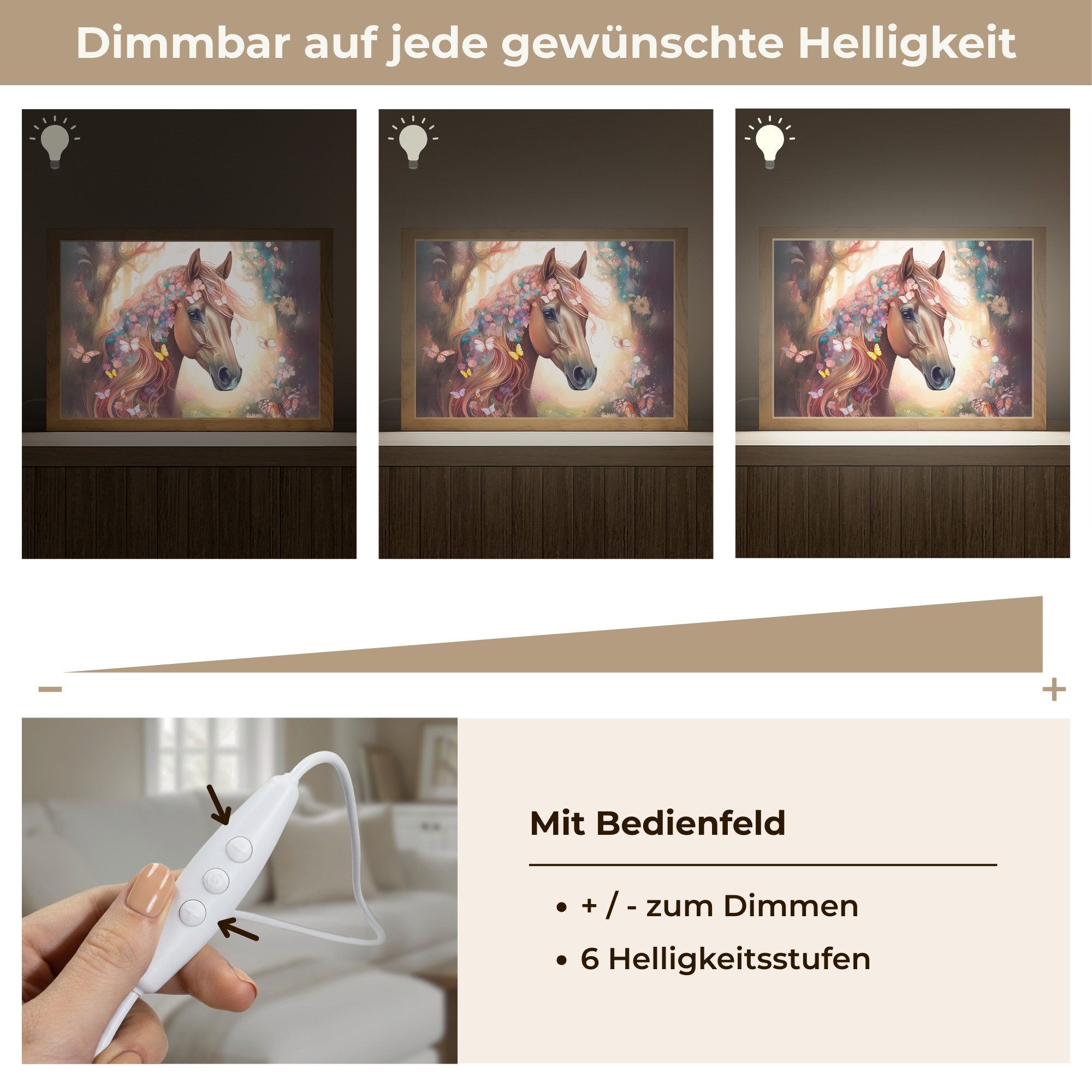 OnlyWow Wandleuchte Lightbox Pferd - Natur - Blumen - Schmetterlinge - Wald - Mädchen, Dimmbar, Farbwechsel, LED, Warmweiß, Kaltweiß, Neutralweiß Einstellbar, Wandlampe Innen, Dimmbar, mit Kabel, LED, Modern, Schlafzimmer