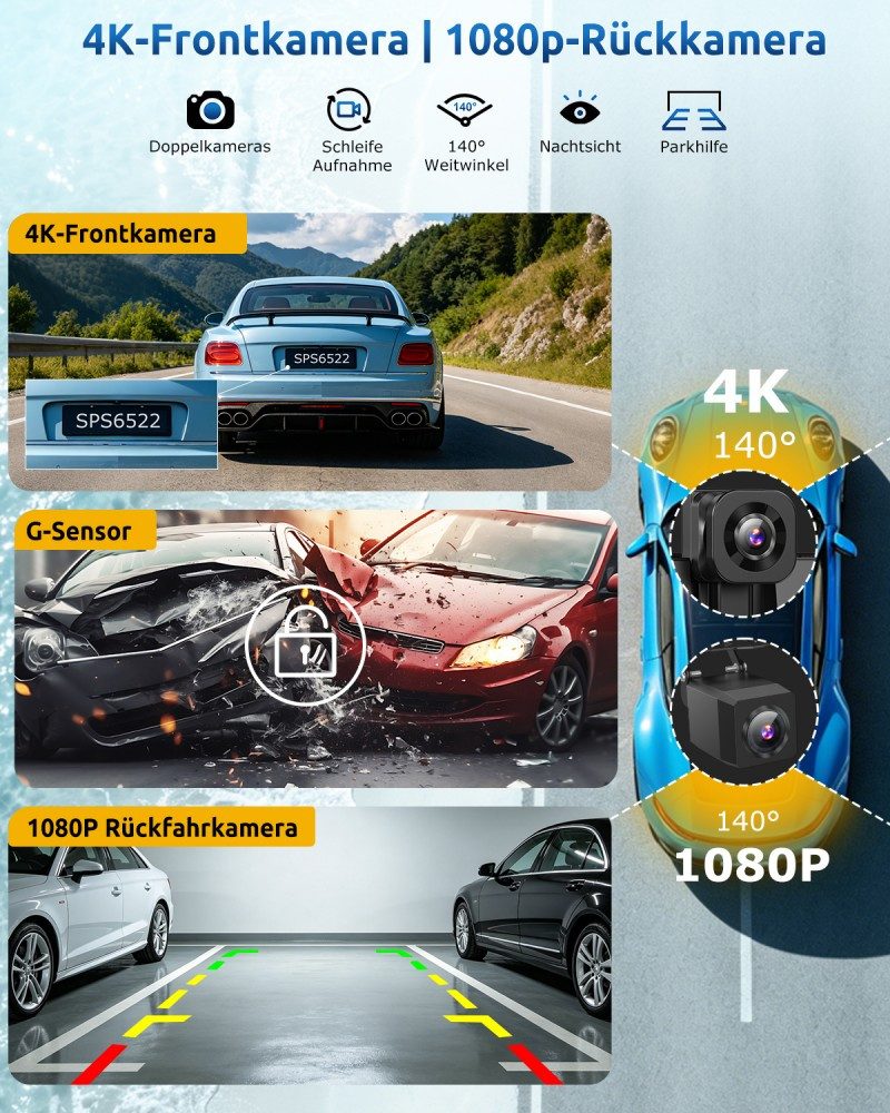 ESSGOO 4K 11,3“ Android Auto 360° Dashcam mit Rückfahrkamera Spiegel Dashcam (HD, Tragbar Autoradio Rückfahrkamera IPS Touchscreen GPS Navi FM AUX)