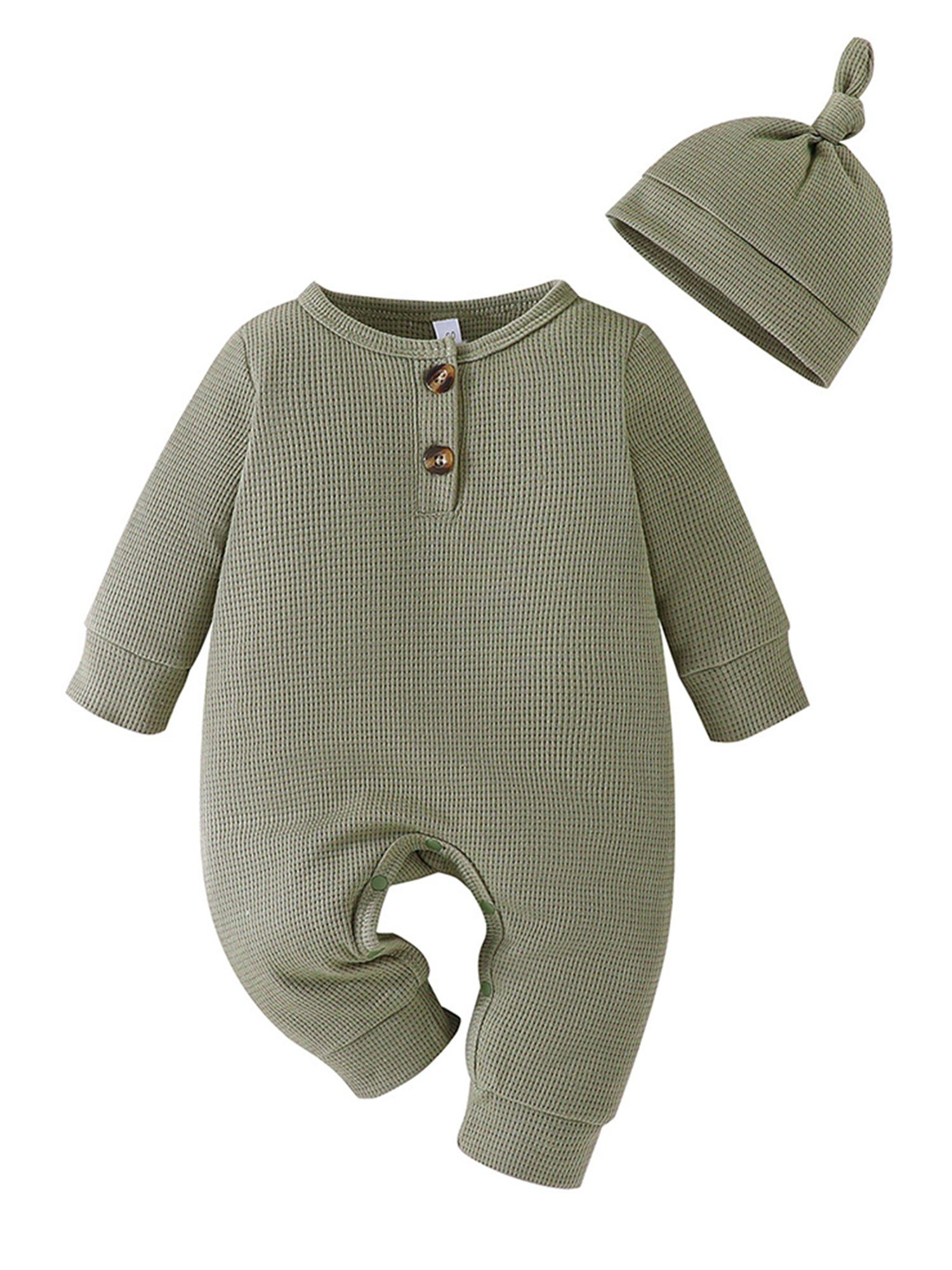 Strampler Grün Baby und Langarm-Waffelset, Jungen Strampler Lapastyle (Set, Einfarbiges 2-tlg) für Mütze