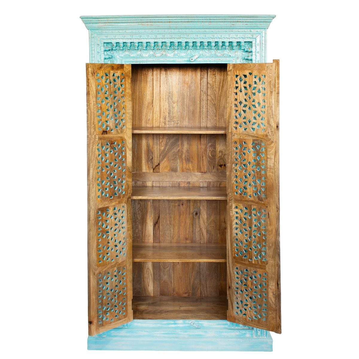 Oriental Galerie Mehrzweckschrank Blau Türkis Schrank Amba Indien 190 cm Schrank Türkis Holz, Schlafzimmerschrank, Wohnzimmer
