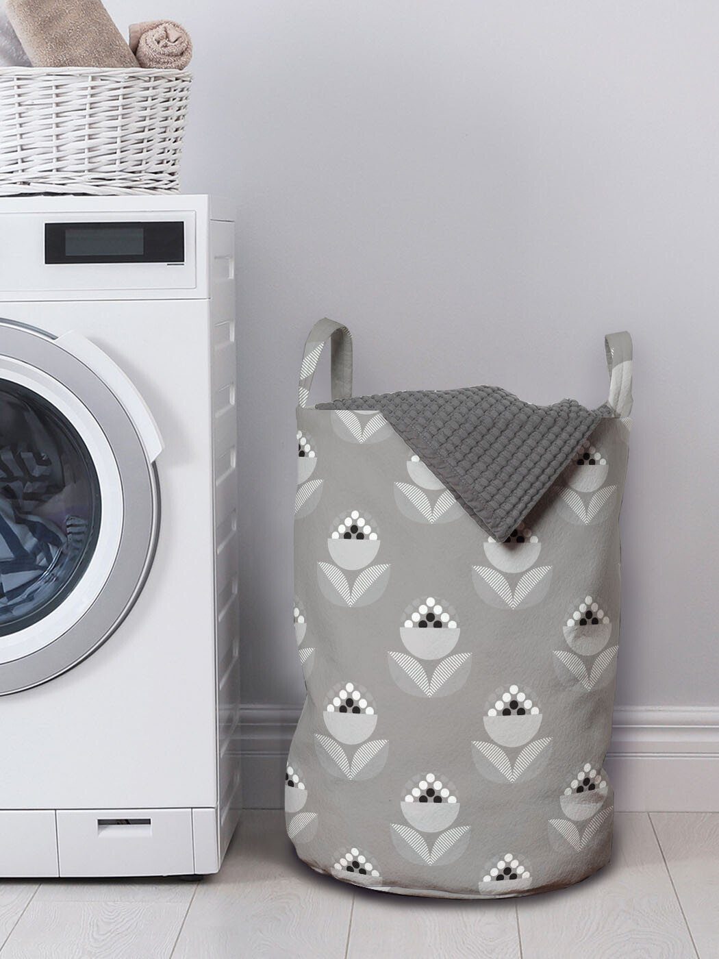 Abakuhaus Wäschesäckchen Wäschekorb mit Griffen für Abstrakt Waschsalons, Geometrisches Kordelzugverschluss Graustufen- Blumen