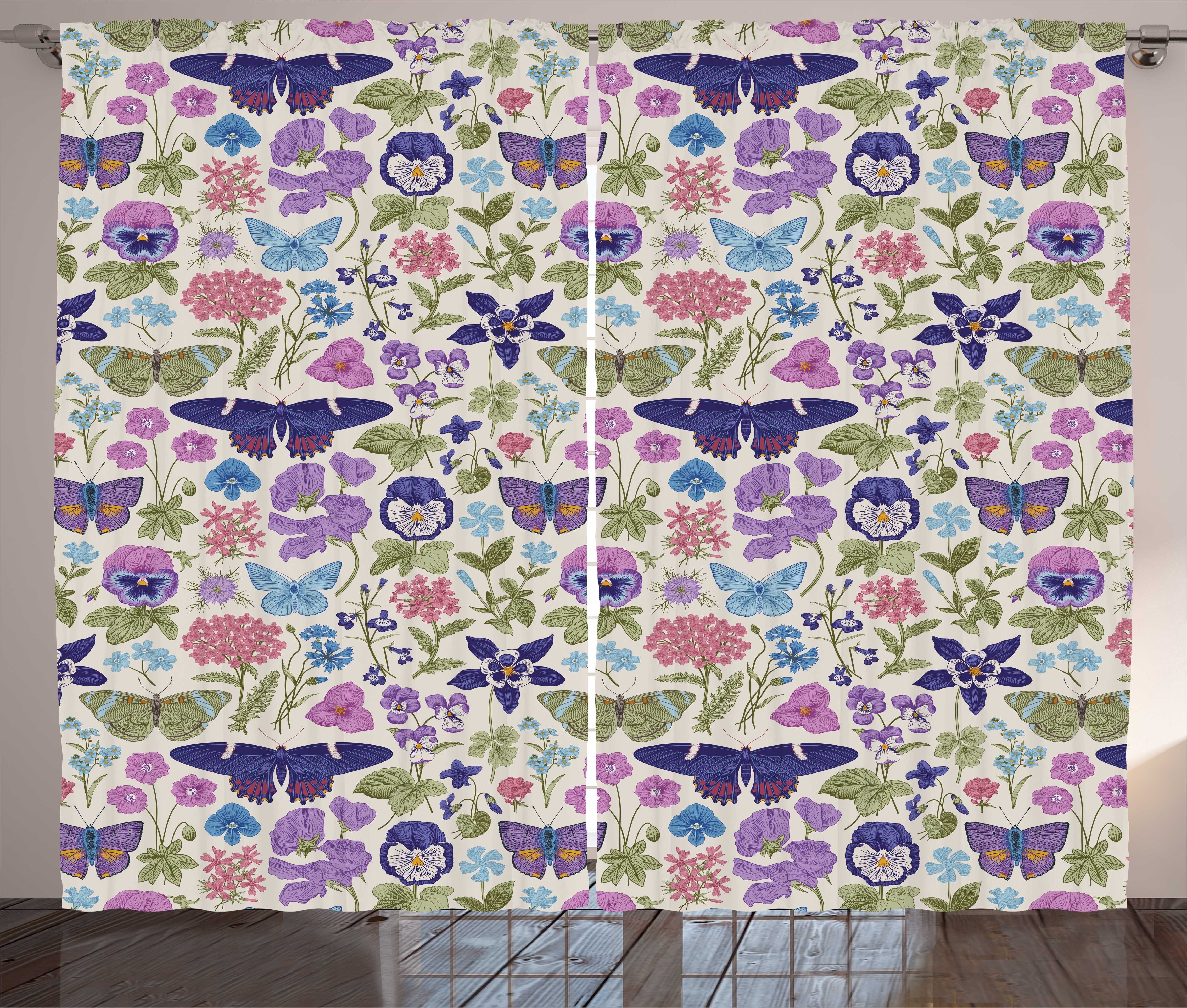 Gardine Schlafzimmer Kräuselband Blumen Schmetterlings-Stiefmütterchen Abakuhaus, mit Blumen-Blatt Schlaufen und Vorhang Haken
