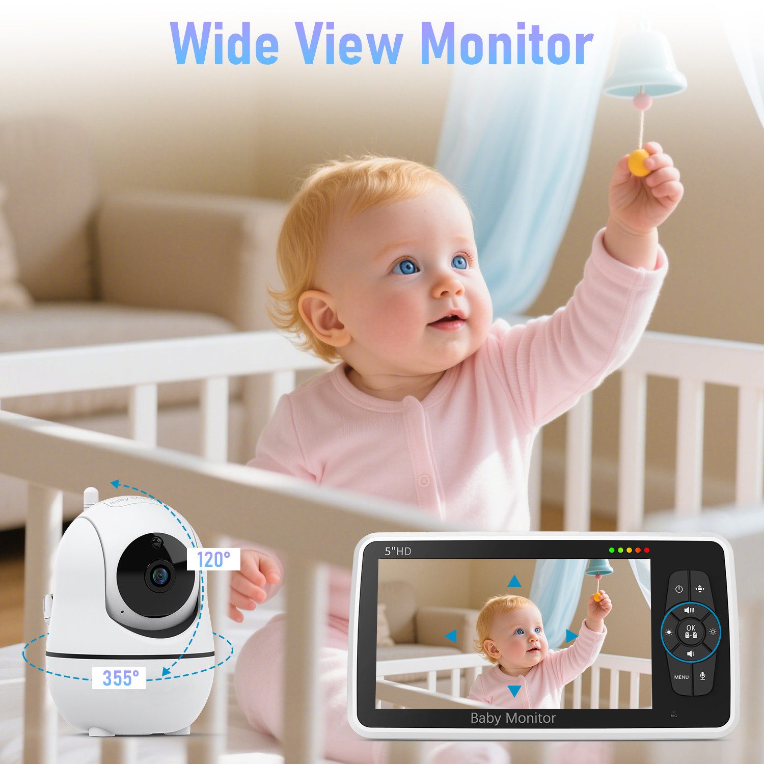 BRAIDOL Video-Babyphone Babyphone mit Kamera, 355°/120° Babyphone, Überwachungskamera, 5 Zoll 1080P IPS-Display, Babyphone Kamera mit VOX/ECO-Modus, 2.4 GHz Gegensprechfunktion, Nachtsicht, Schlaflieder, Bis zu 300M,2-Wege-Audio, kein WiFi