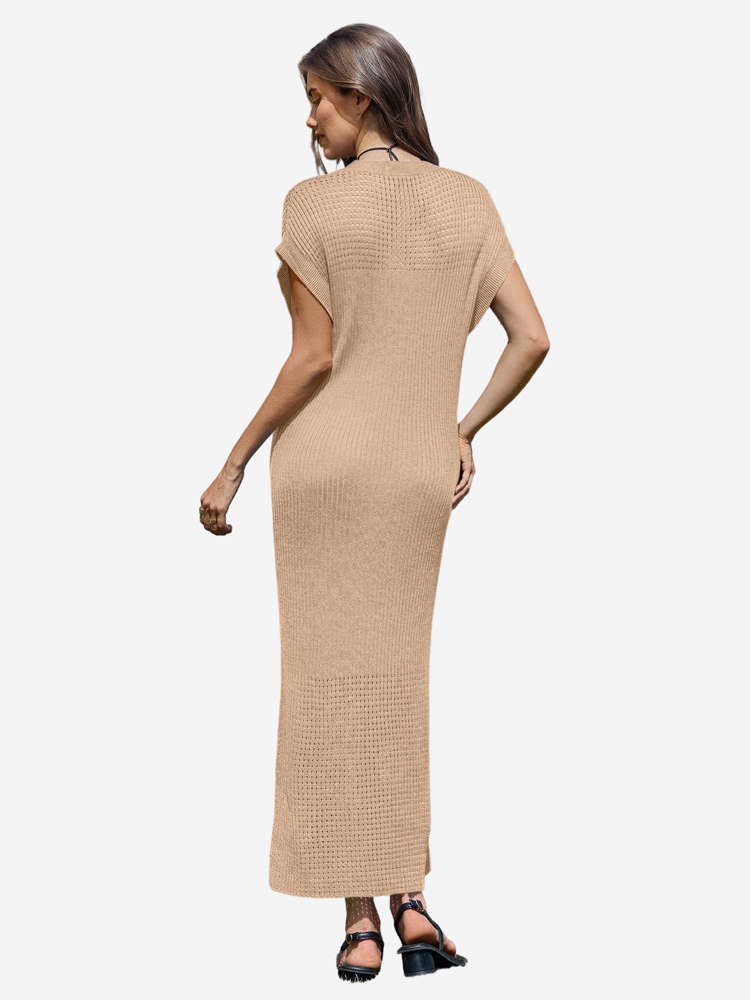 Imily Bela Strickkleid Damen mit Kurzarm und Rundhals Casual (Packung, 1-tlg., 1per-Pack) in Unifarbe mit Lochmustern und Rippstrick