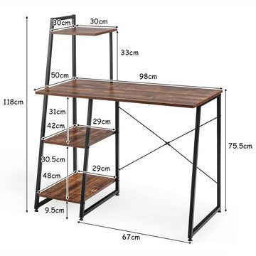 COSTWAY Computertisch, mit 4 Regaln, Holz & Metallrahmen, 98 x 50 x 118 cm