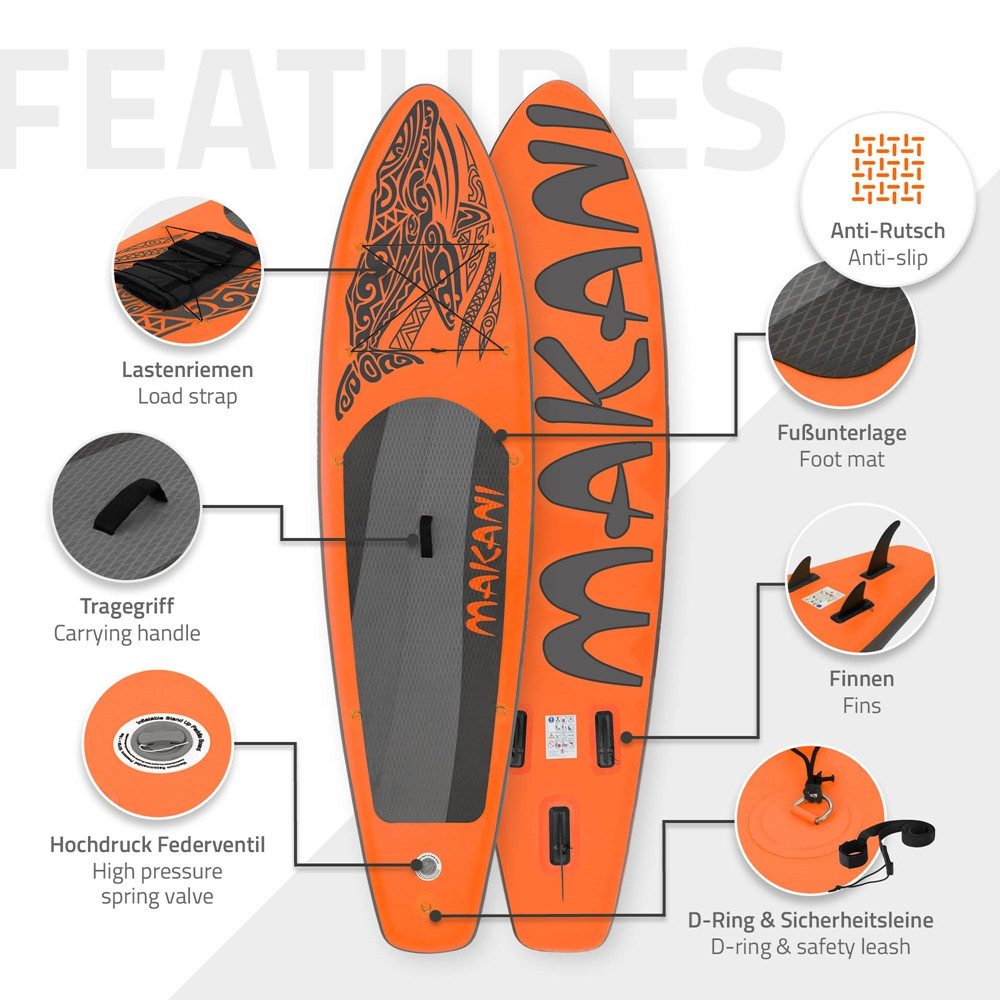 ECD Germany SUP-Board Stand Up Paddle Board aus PVC Paddelboard Paddling Board, Stand-Up Paddle-Board, SUP Board 320x80x15 cm 120 kg Traglast rutschfest orange inkl Zubehör