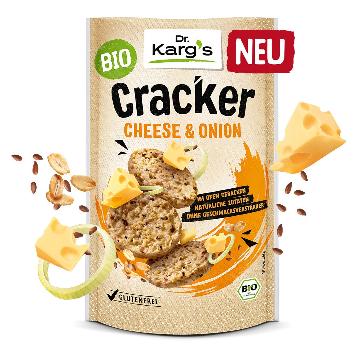 Dr. Kargs Brot, Dr. Kargs Bio Cheese und Onion Cracker herzhaft würzig knusprig 85g