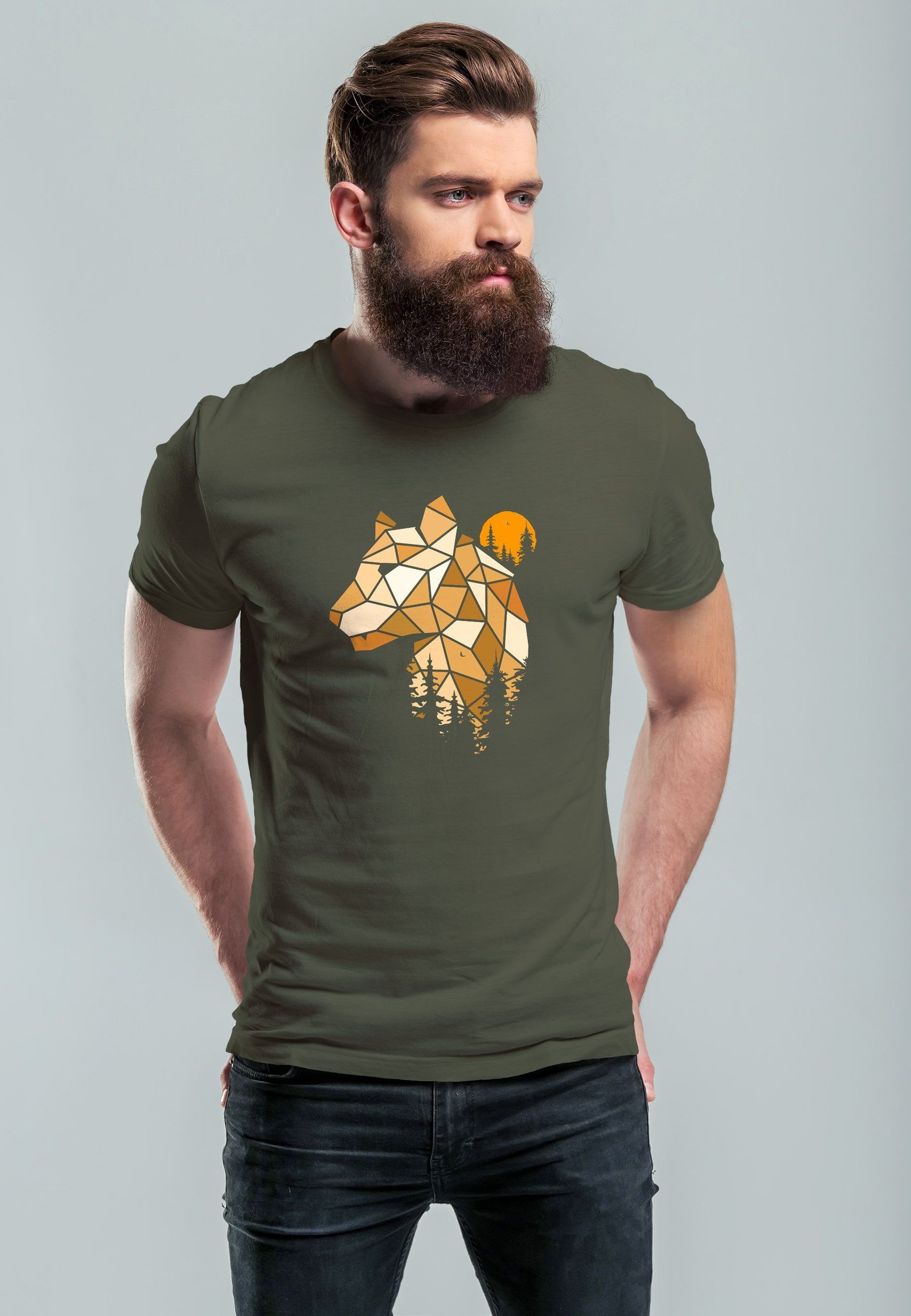 Outdoor Print mit Herren T-Shirt Wald Tiere Motiv Au Print Polygon Luchs Fashion Print-Shirt army Neverless