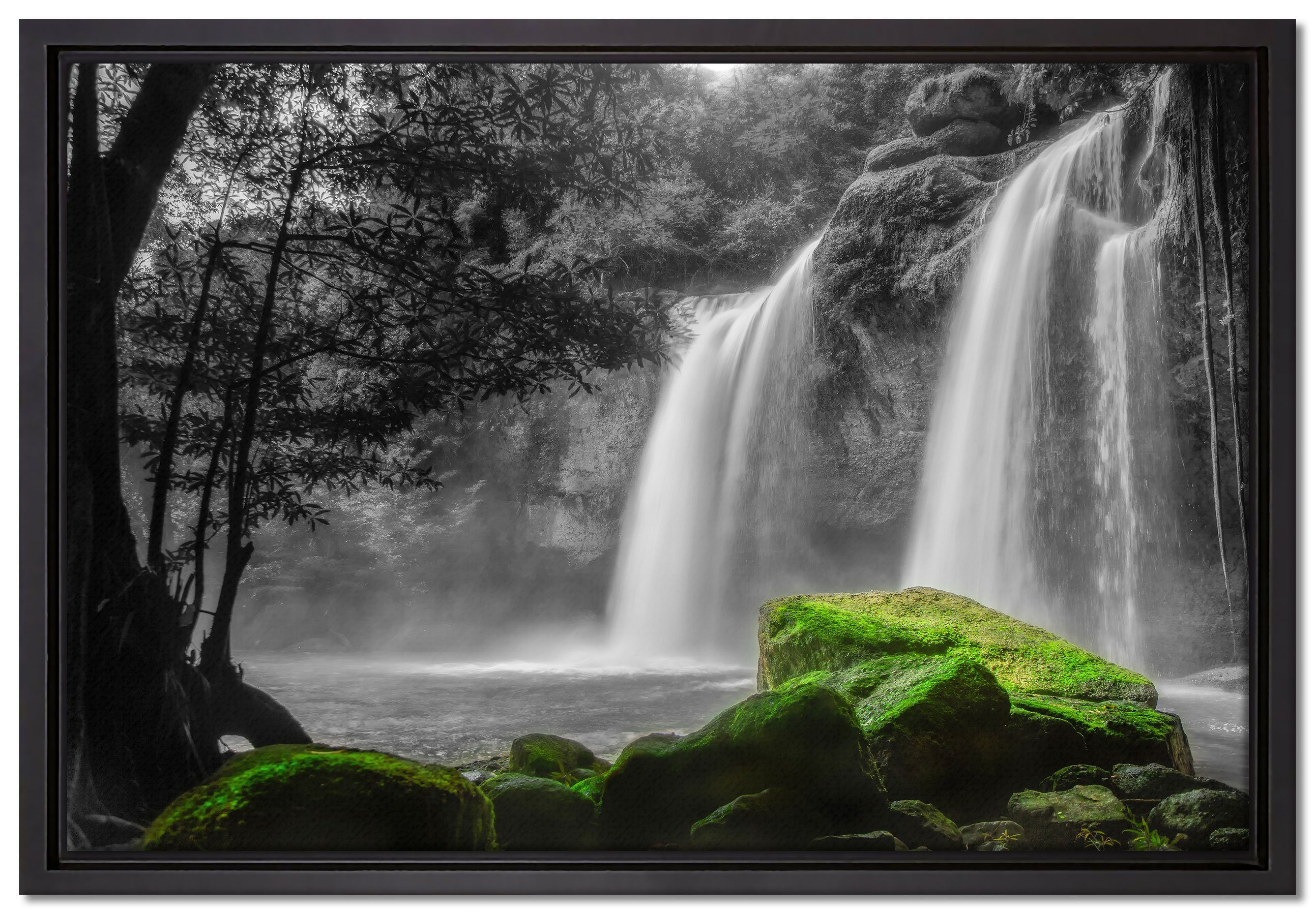 Pixxprint Leinwandbild Wasserfall im Dschungel, Wanddekoration (1 St), Leinwandbild fertig bespannt, in einem Schattenfugen-Bilderrahmen gefasst, inkl. Zackenaufhänger