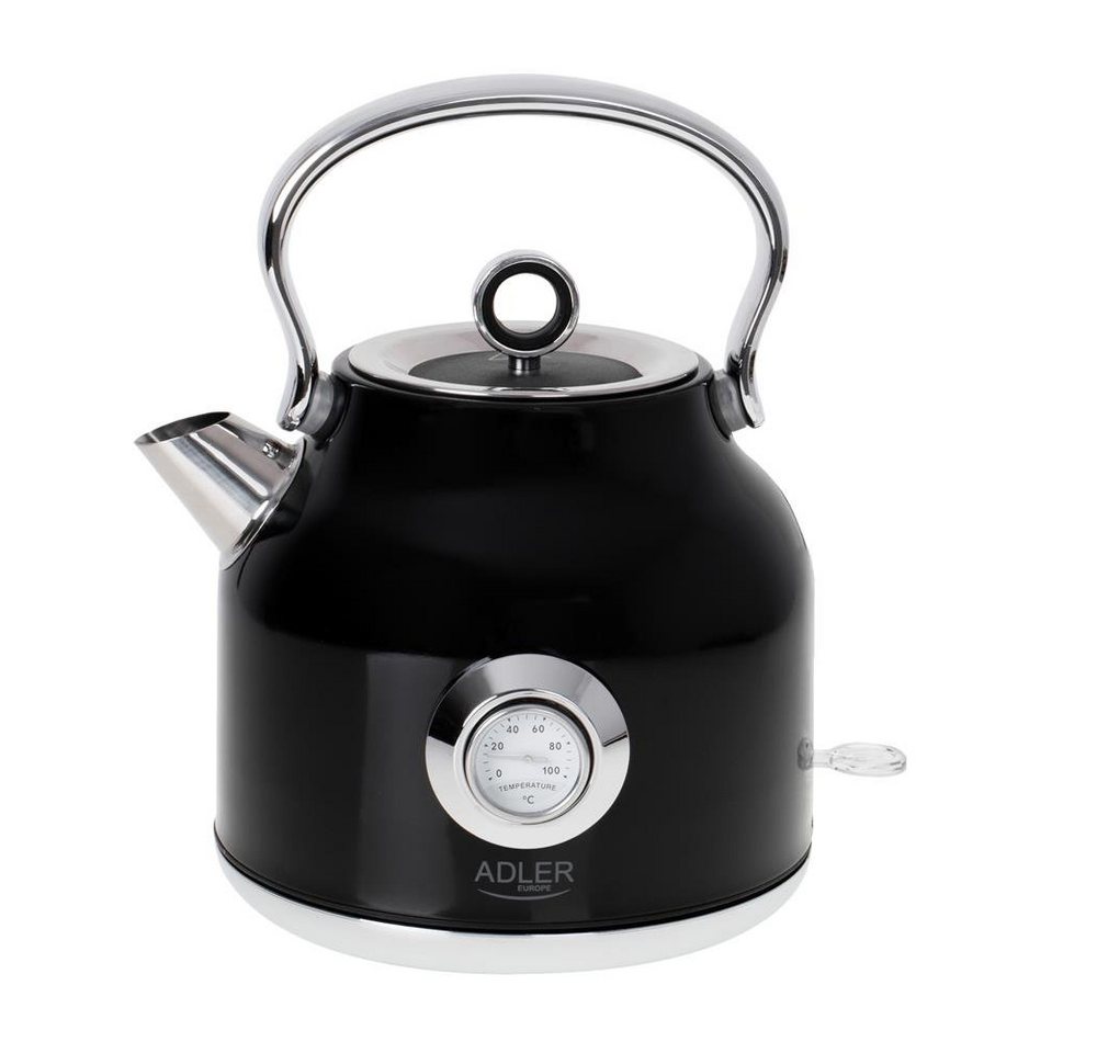 ADLER EUROPE Wasserkocher AD 1346 Retro-Wasserkocher mit Thermometer, 1.7 l, 2200 W, Edelstahl Teekessel, STRIX, Kalkfilter, Temperaturanzeige, schwarz