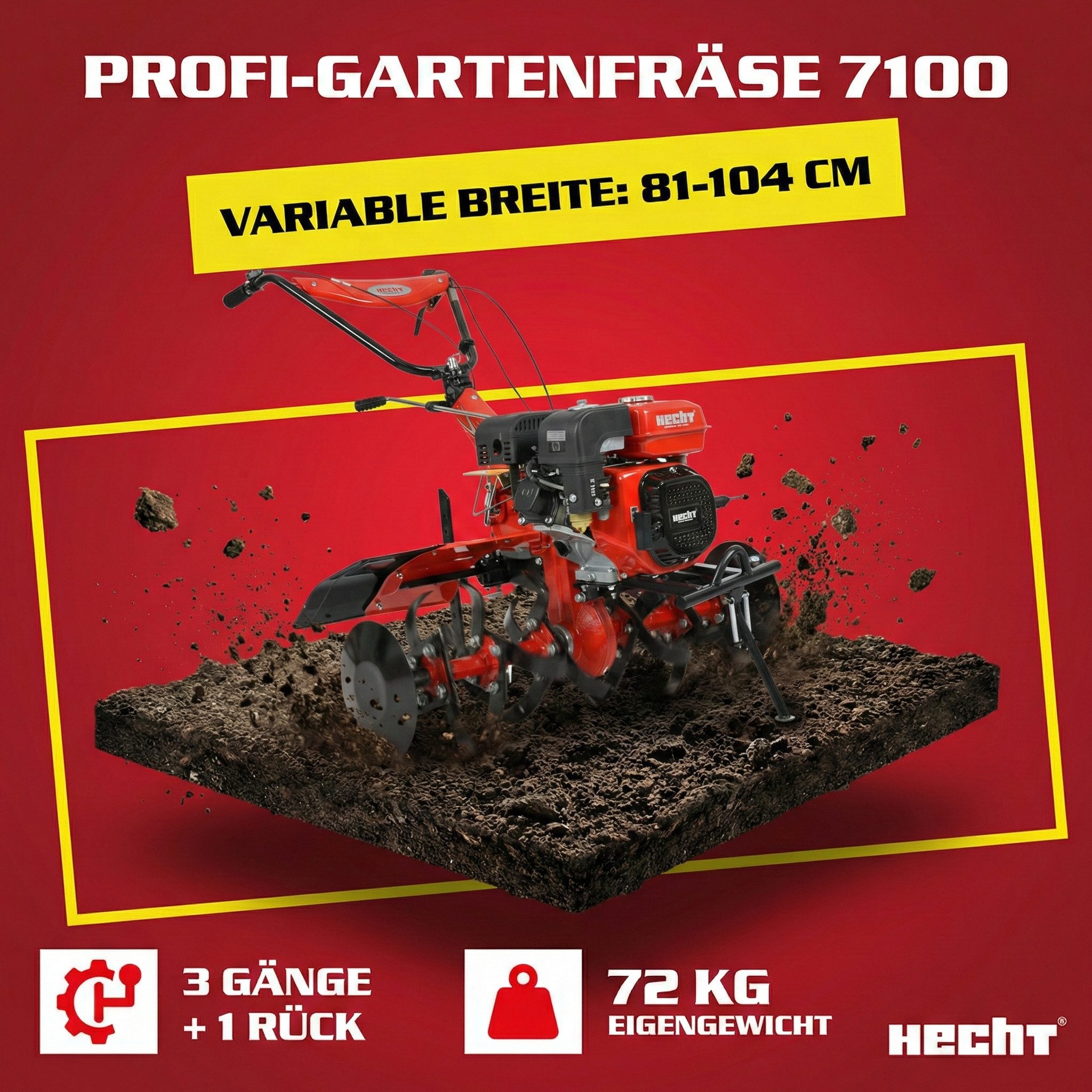 Hecht Benzinmotorhacke Gartenfräse mit Anhänger 7 PS Gartenhacke Motorfräse Bodenhacke, 104,2 cm Arbeitsbreite, 1-St., 13,5 km/h, 208 cm³, Stahlgehäuse