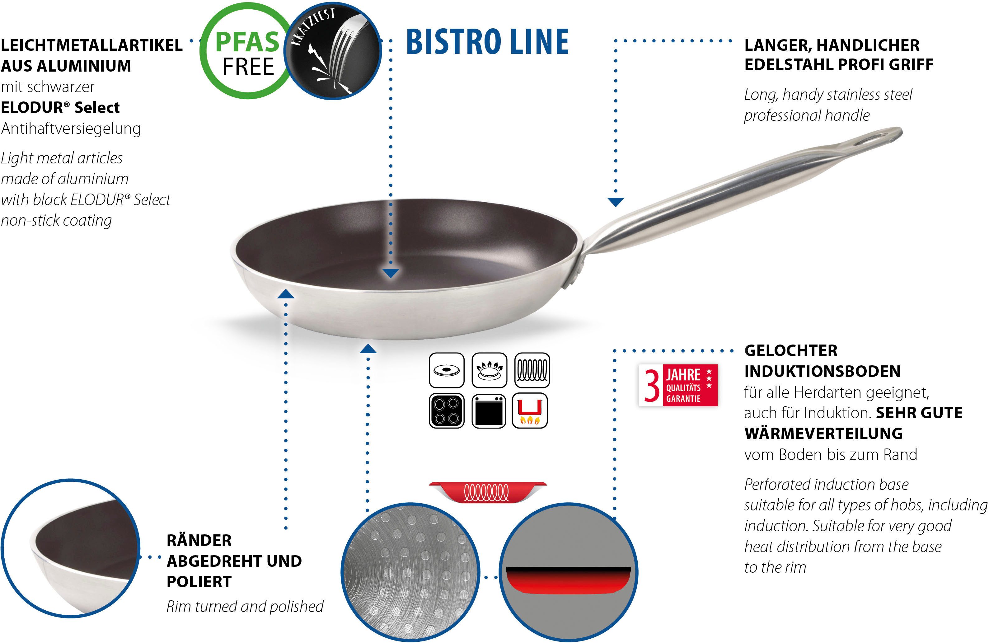 Elo Bratpfanne Bistro Line, Aluminium (1-tlg), langer, handlicher Edelstahl Profi Griff, Induktion