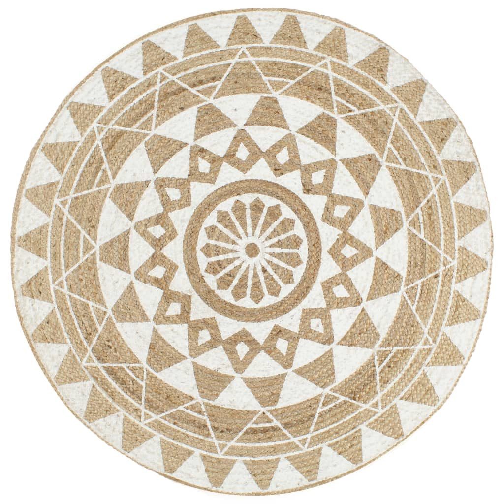 vidaXL Teppich Teppich Handgefertigt Jute Weißer Druck 90 cm, Runde