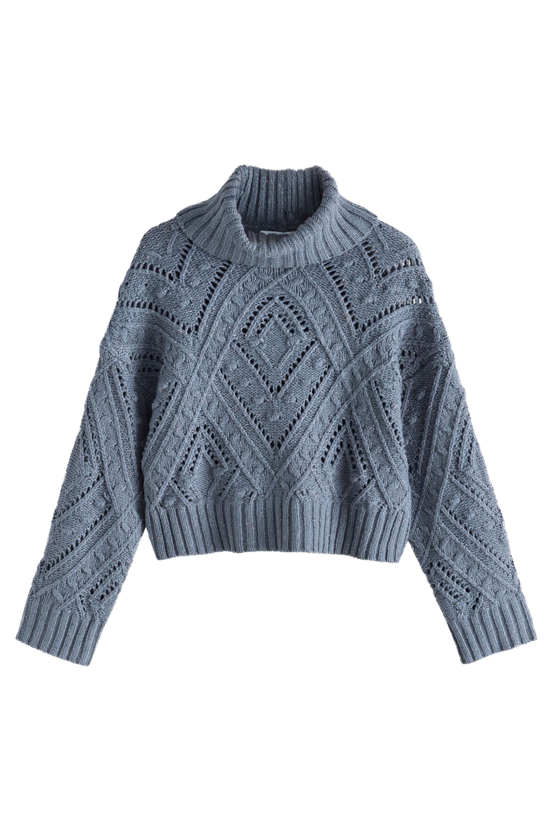 Strickpullover Noppiger Rollkragenpullover mit Zopfmuster