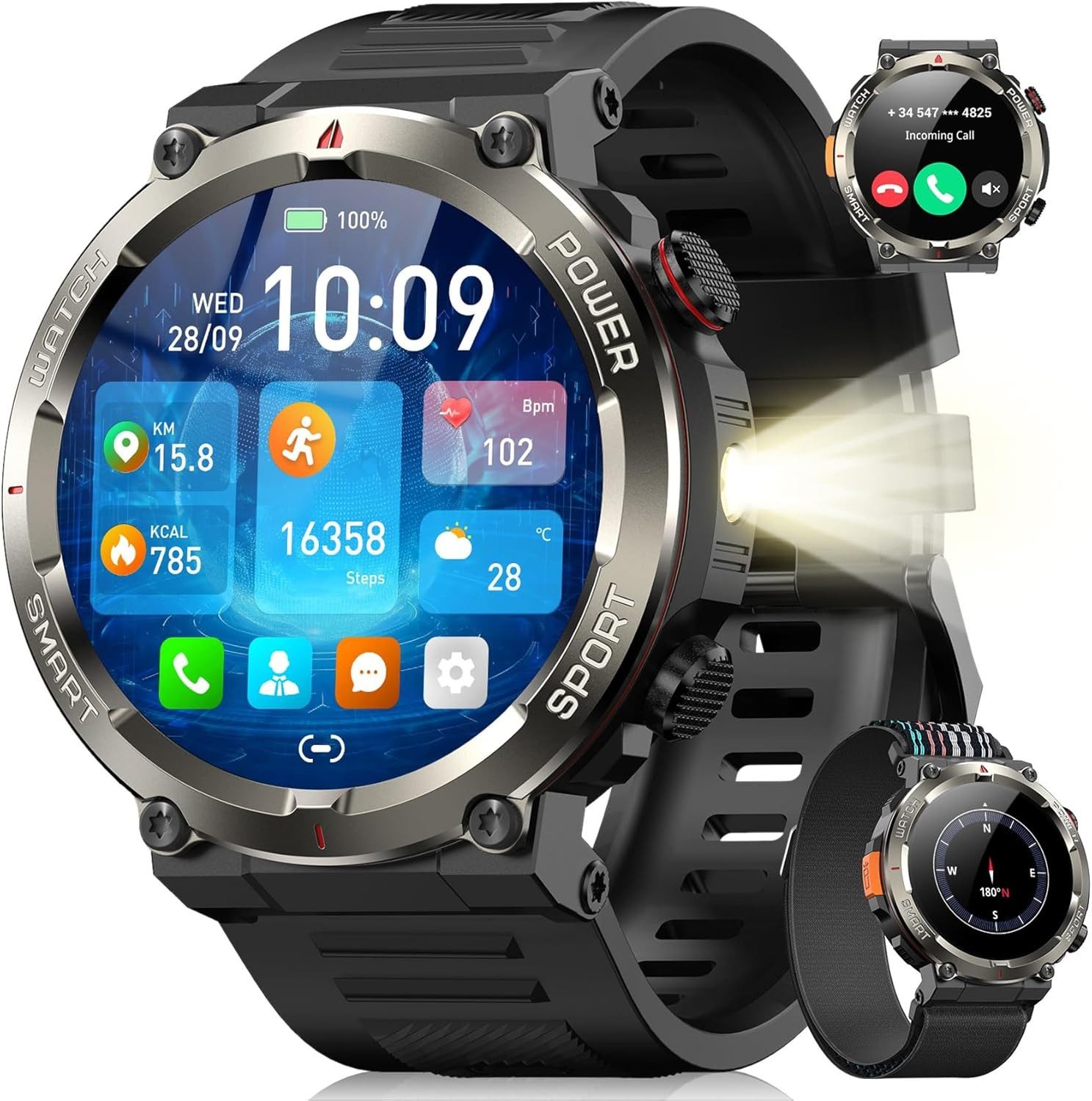 blackview Militärische Smartwatch für Herren mit 960mAh(30 Tage),Telefonfunktion Smartwatch (1.45 Zoll, iOS/Android), 2-tlg., 3 x Riemen / 2 x Riemen und Ladekabel, Sprachassistent,LED-Taschenlampe,Kompass,150+ Sportmodi,Schritten,IP68