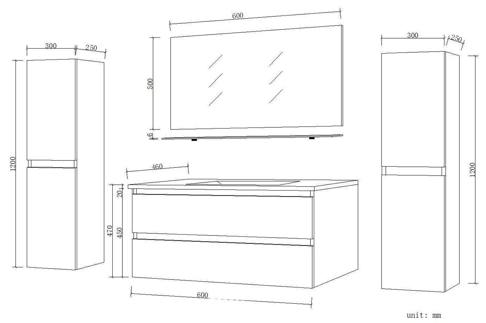 Homeline Badmöbel-Set Bad Möbel Set, Hochglanz, Eiche schwarz und weiß Soft Close, (Set Angebot, 6-St., Spar set)