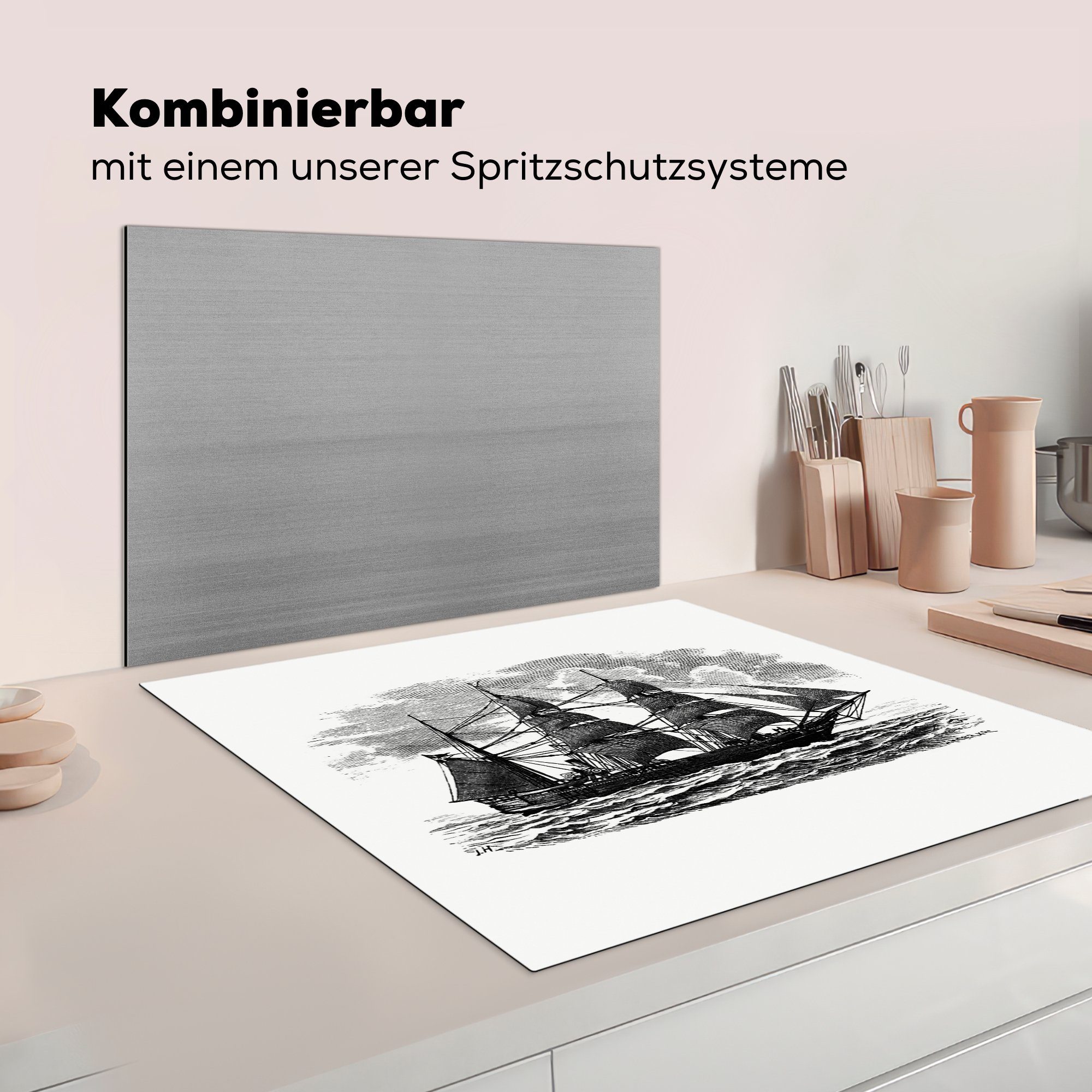 MuchoWow Herdblende-/Abdeckplatte Jahrgang Ceranfeldabdeckung, cm, küche - - Arbeitsplatte Boot Vinyl, tlg), (1 78x78 für Segeln