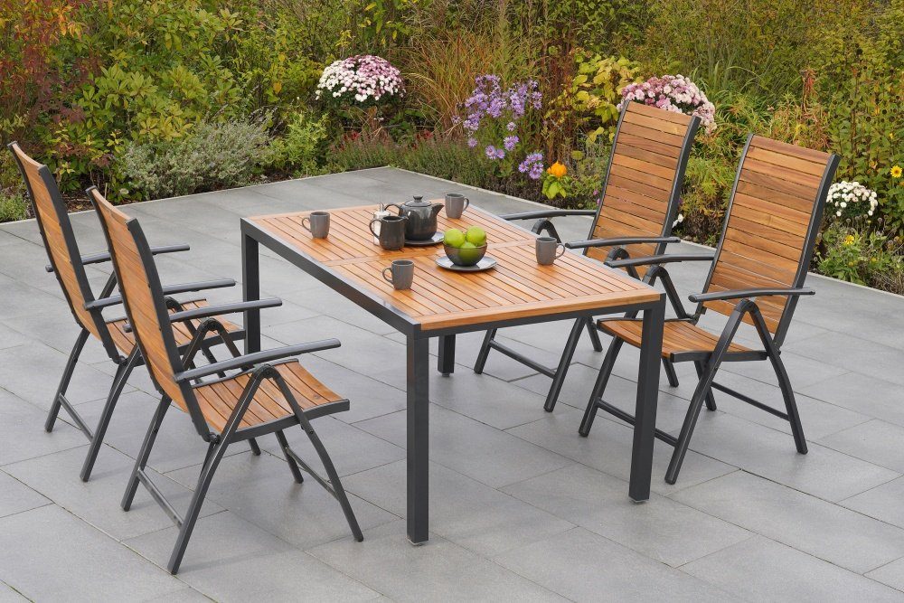 MERXX Garten-Essgruppe Santorin, (Set 5-teilig, Tisch, 4 Klappsessel, Aluminium mit Akazienholz)