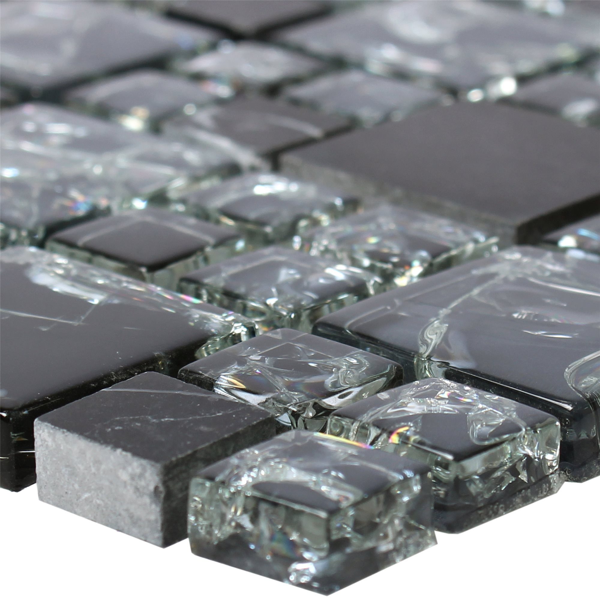 Mosafil Mosaikfliesen Glas Marmor Mosaikfliesen Malawi Bruchglas 2 Mix, Naturstein-Glas-Marmor 30.500x30.500, schwarz, Verlegefertig auf ein Netz geklebt - Frostsicher - Wasserfest