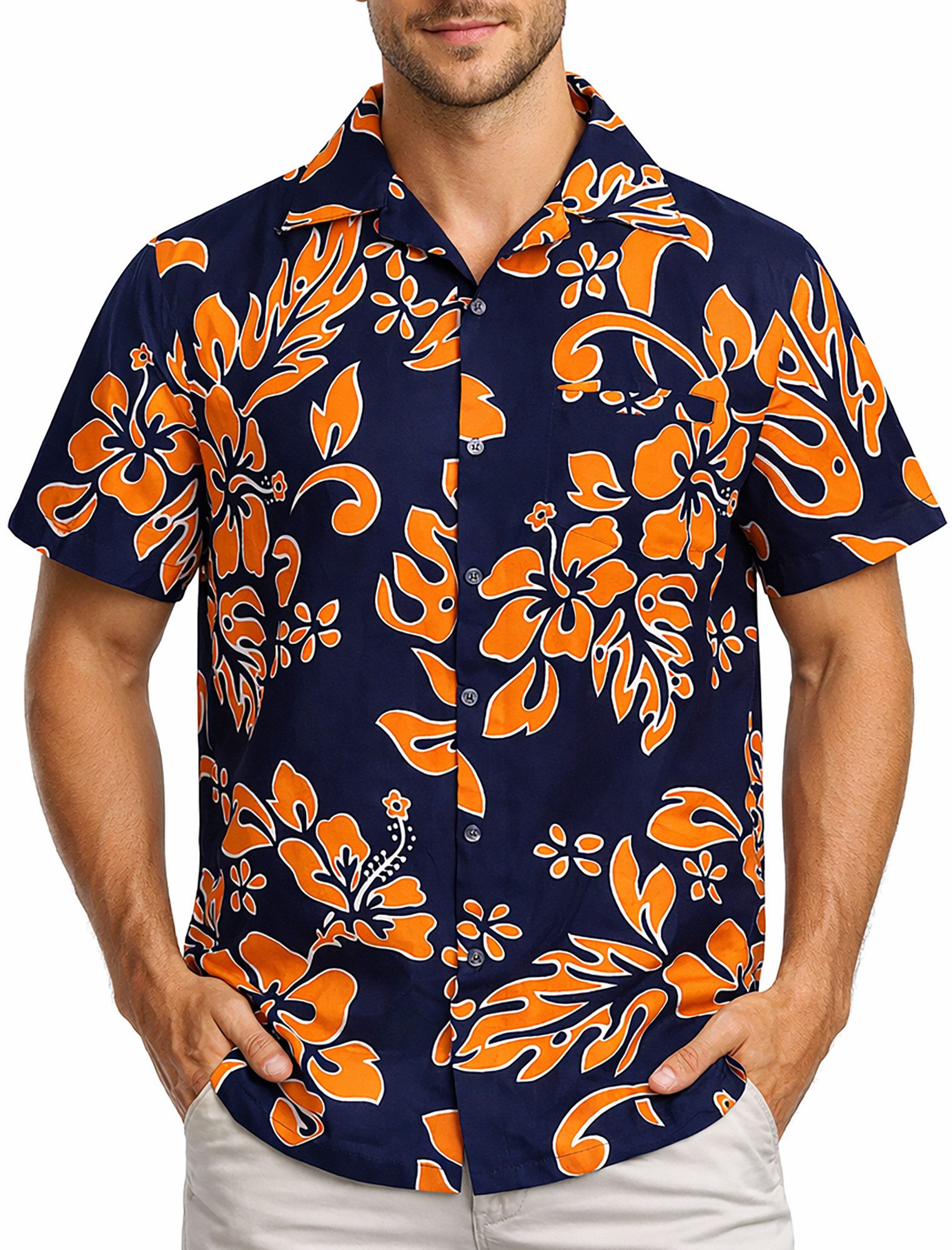 King Kameha Hawaiihemd "Hibiscus" Funky Hawaii-Hemd Herren Kurzarm Front-Tasche Stylish – Bild 3 von 5